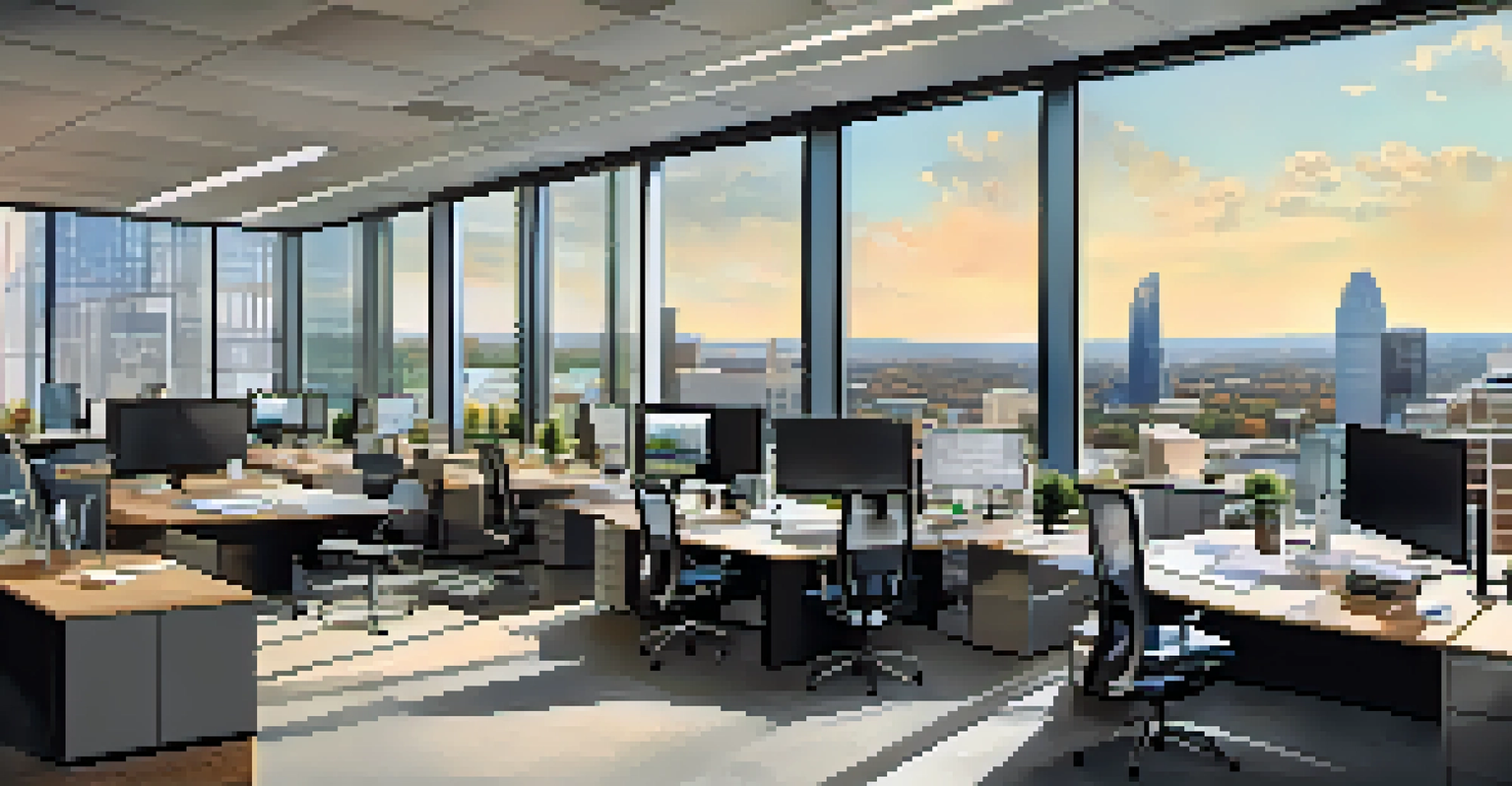 A contemporary office space in Charlotte, North Carolina, with professionals working and a skyline view.