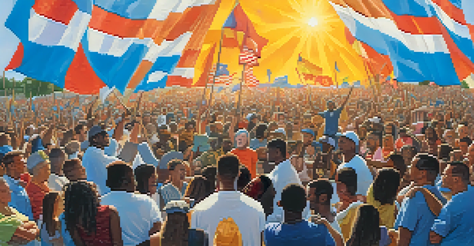 A lively political rally in North Carolina with a diverse group of supporters holding signs and banners under a blue sky.