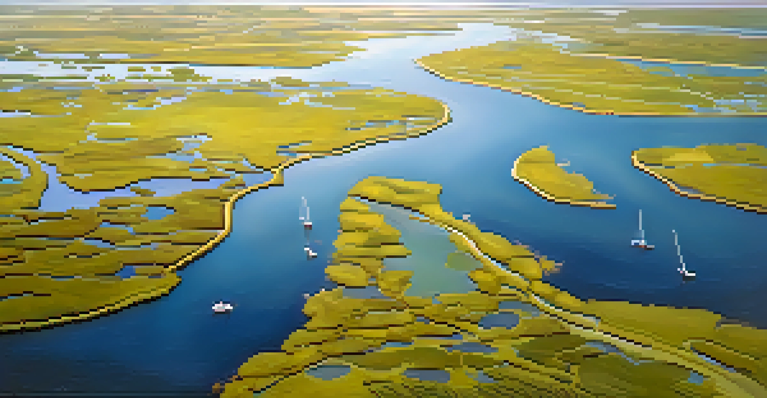 An aerial view of salt marshes and estuaries in North Carolina with boats and wetland areas.