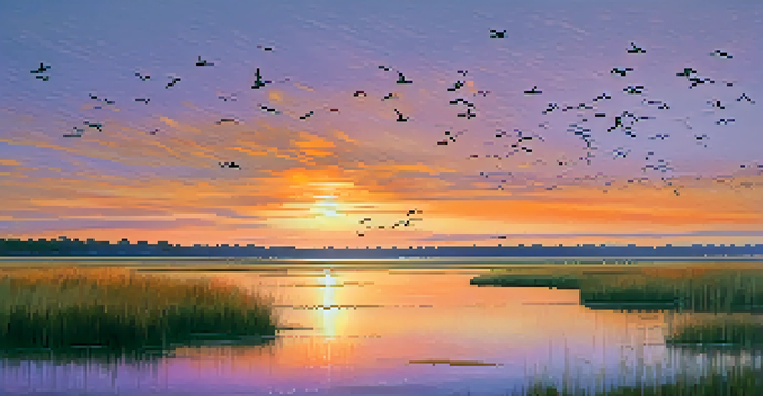 A coastal landscape at sunset with colorful skies and a flock of birds flying over salt marshes.