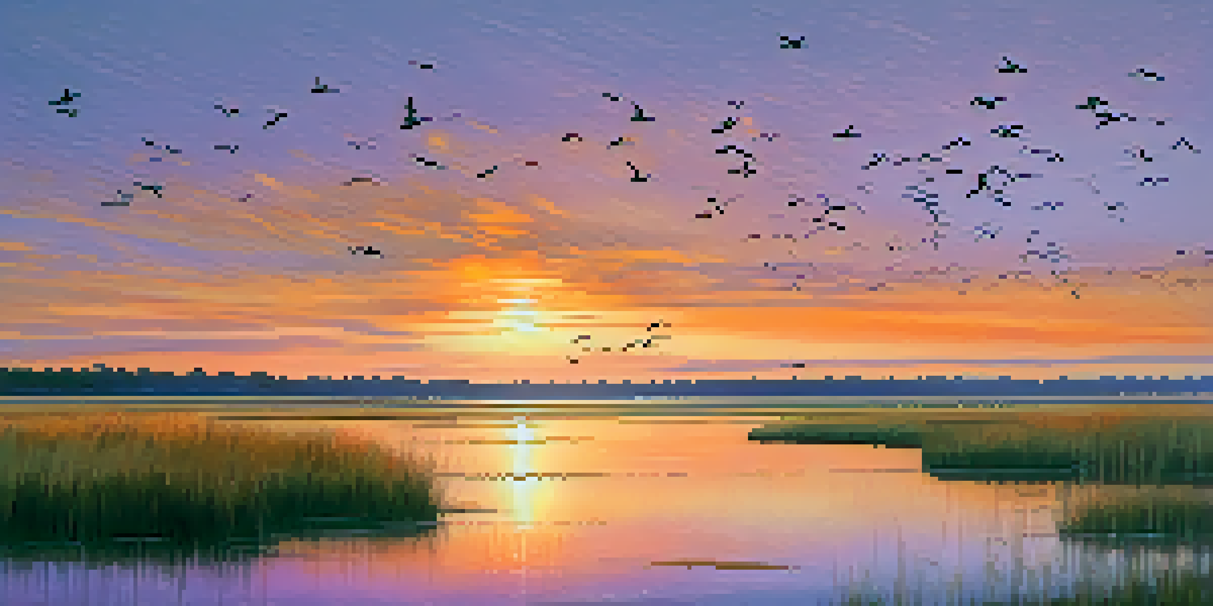 A coastal landscape at sunset with colorful skies and a flock of birds flying over salt marshes.