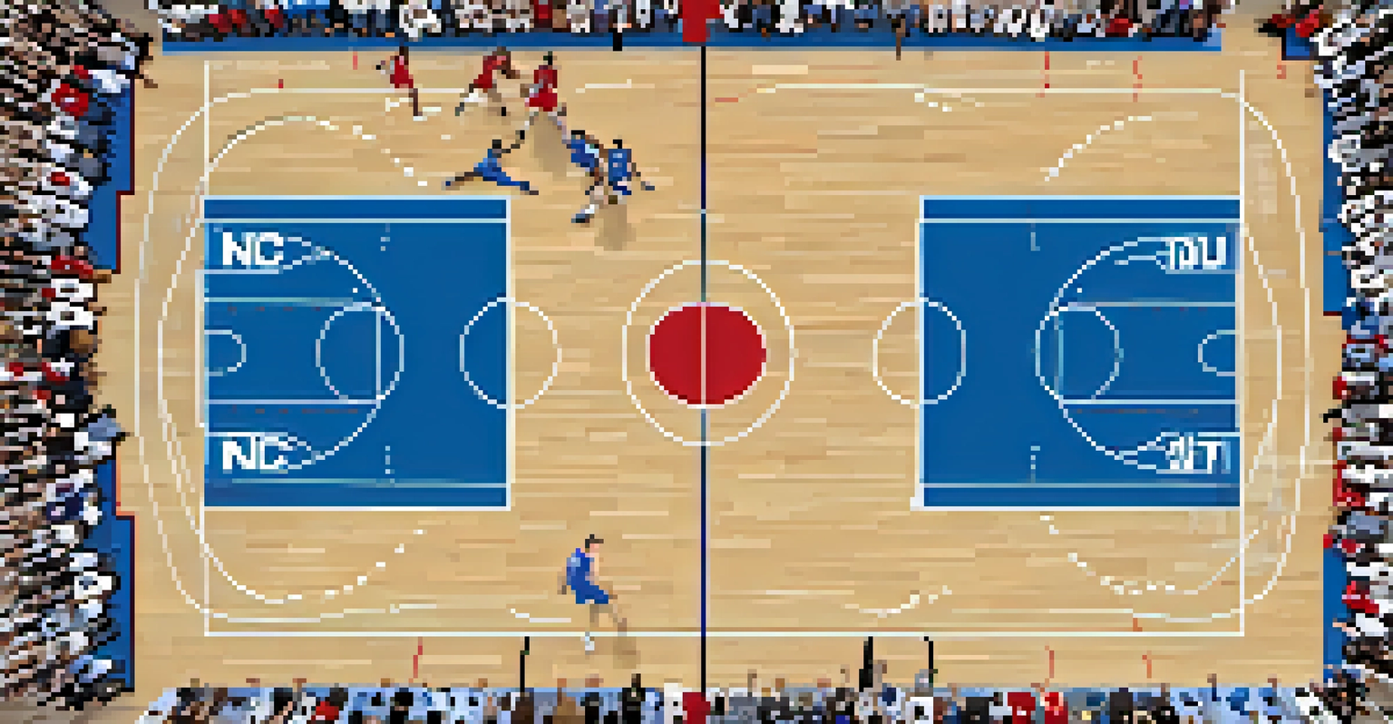 A dynamic basketball scene depicting a Duke player taking a shot while a NC State player defends, capturing the contrasting styles of play on a well-lit court.