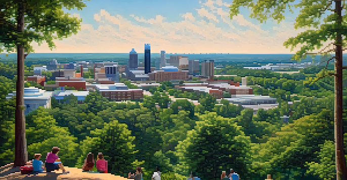 A wide view of the Research Triangle area in North Carolina, with university buildings and greenery, under a clear blue sky.