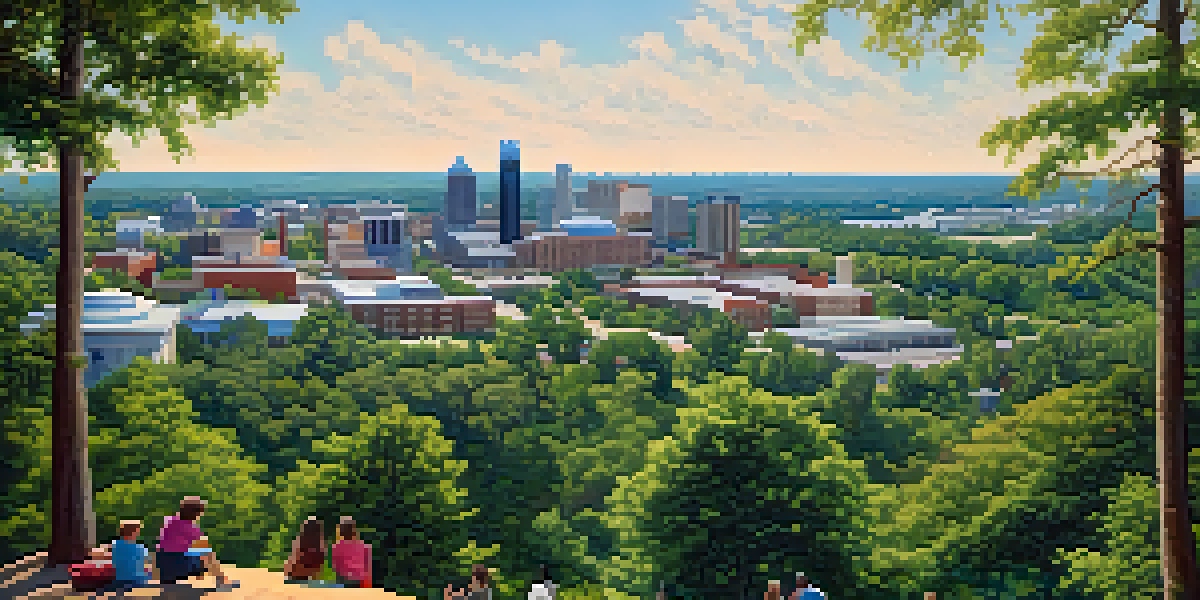 A wide view of the Research Triangle area in North Carolina, with university buildings and greenery, under a clear blue sky.
