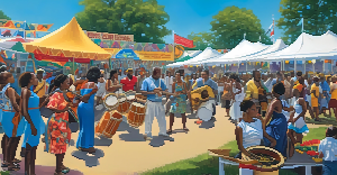 A vibrant cultural festival in North Carolina with diverse attendees enjoying music and dance, surrounded by colorful decorations and food stalls.