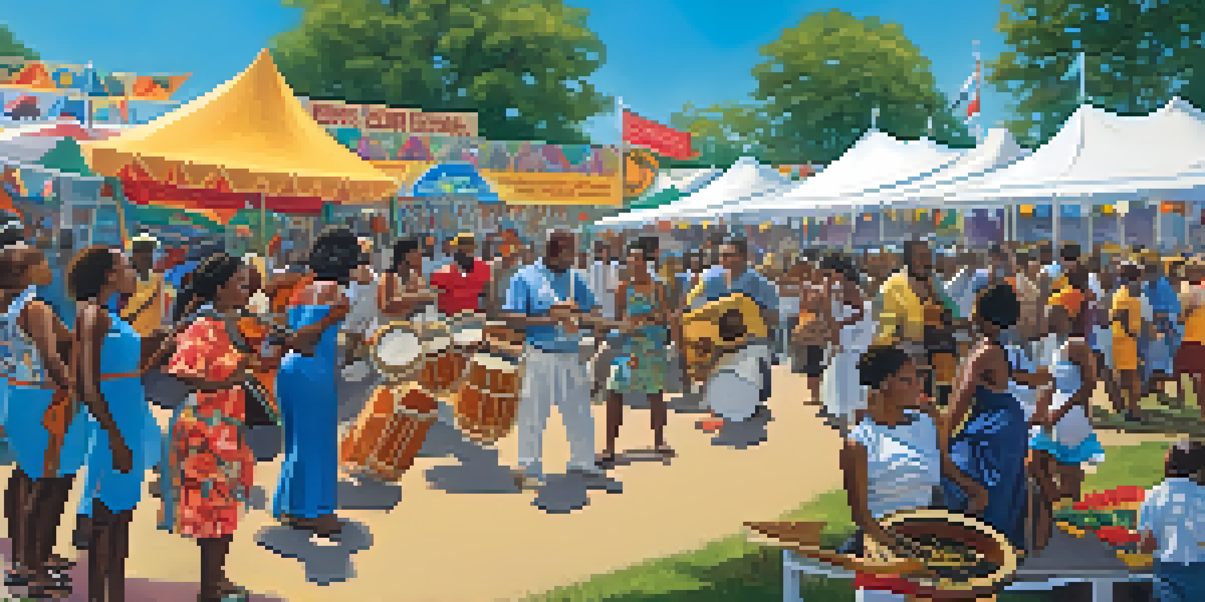 A vibrant cultural festival in North Carolina with diverse attendees enjoying music and dance, surrounded by colorful decorations and food stalls.