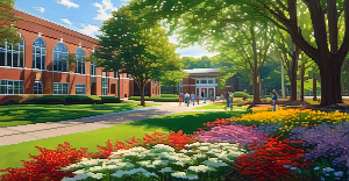 A vibrant campus landscape featuring native plants and students interacting with nature on a sunny day.