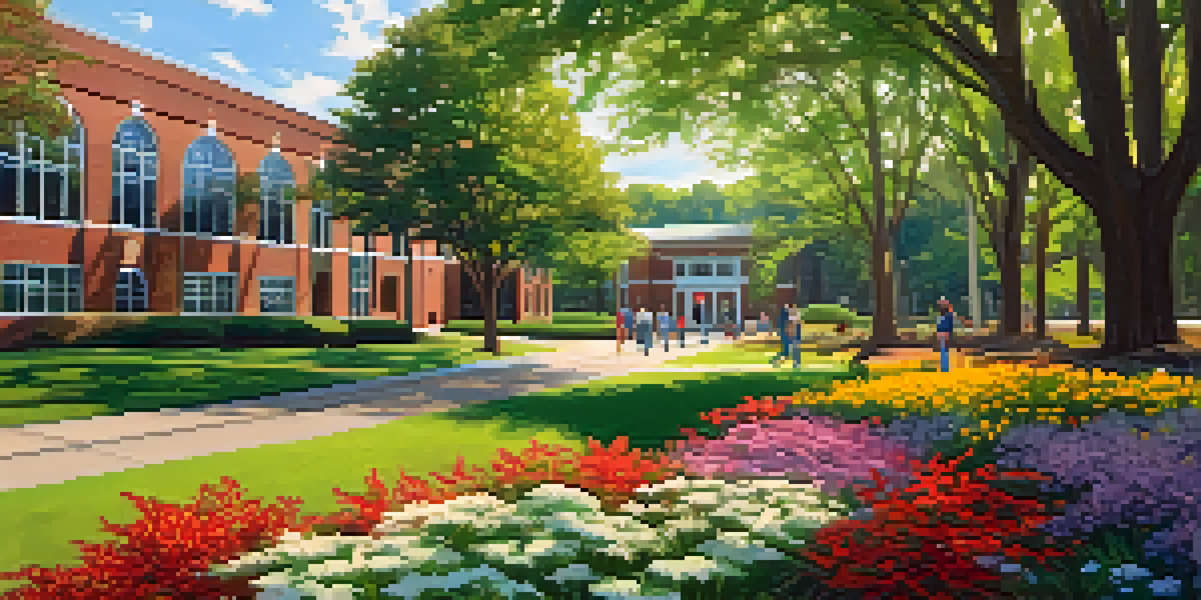 A vibrant campus landscape featuring native plants and students interacting with nature on a sunny day.