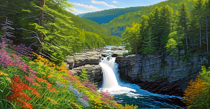 A picturesque waterfall flowing through a gorge, surrounded by lush greenery and colorful flowers, with sunlight streaming through the trees.