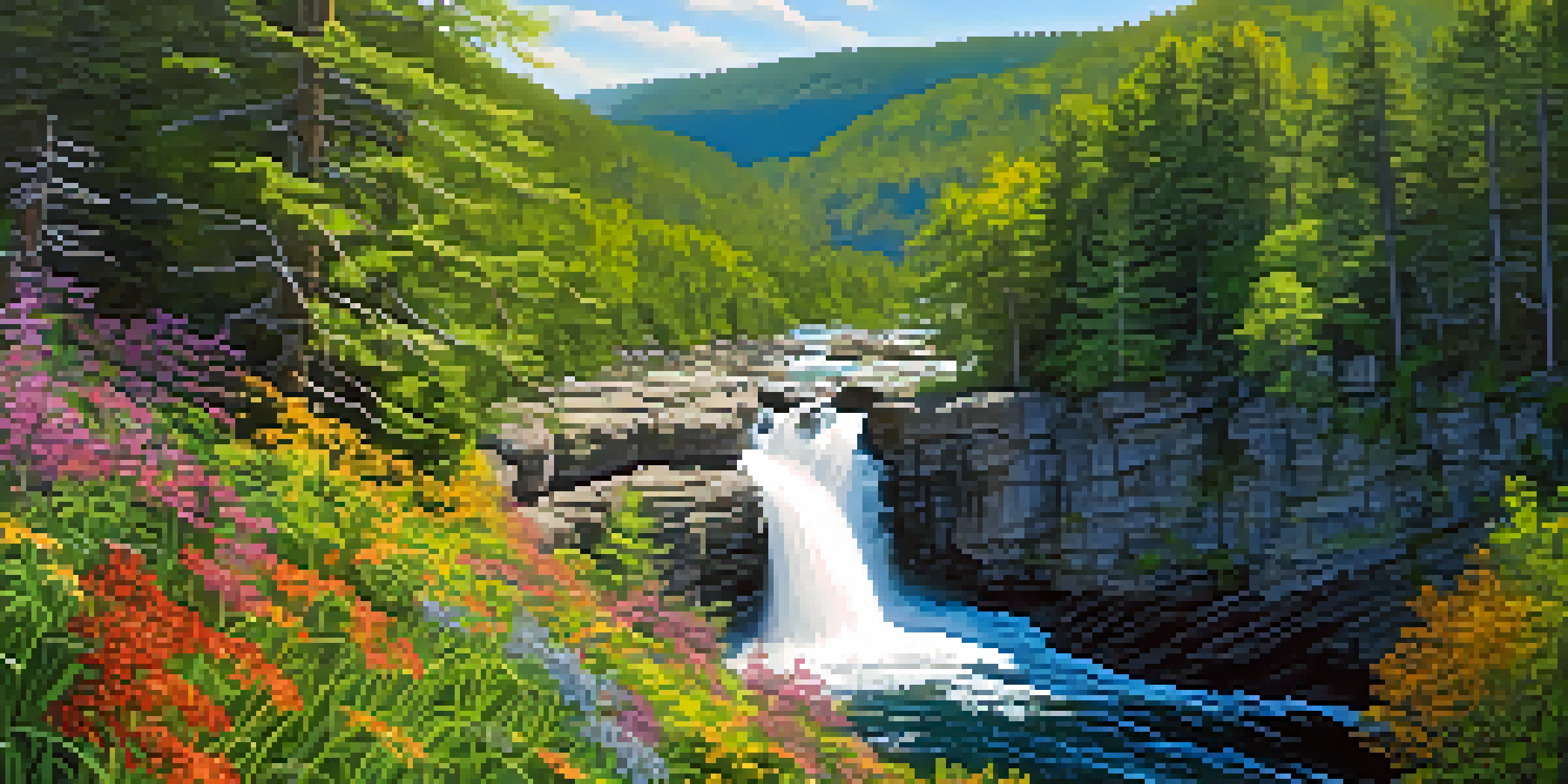 A picturesque waterfall flowing through a gorge, surrounded by lush greenery and colorful flowers, with sunlight streaming through the trees.