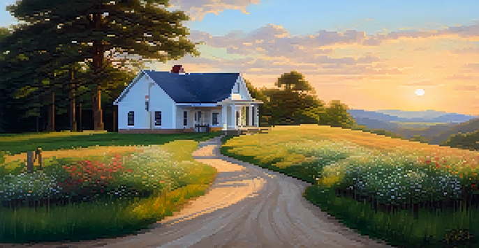 A rural clinic in North Carolina set against rolling green hills during golden hour, with a dirt road and blooming wildflowers.