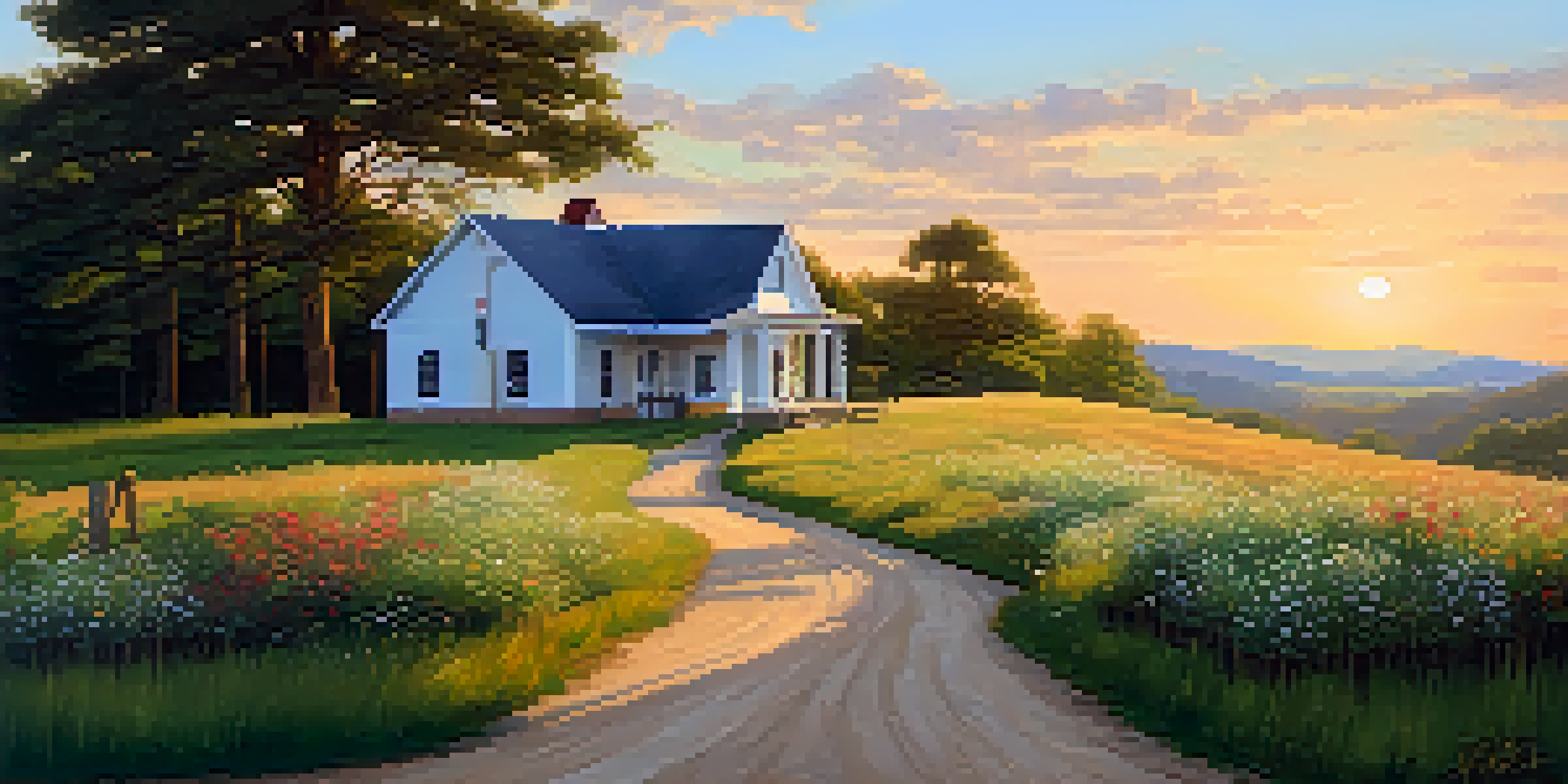 A rural clinic in North Carolina set against rolling green hills during golden hour, with a dirt road and blooming wildflowers.