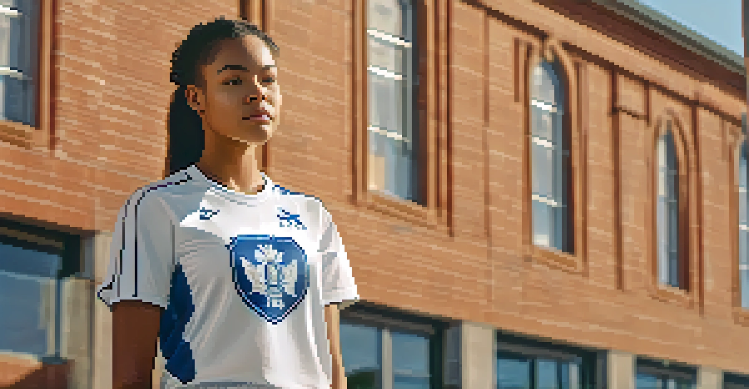 A proud female basketball player in her team uniform poses with a basketball in front of a university sports facility, showcasing determination and pride.