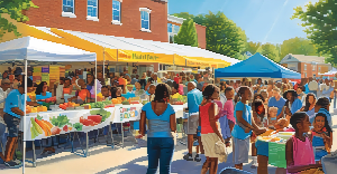 A lively community health fair with diverse individuals interacting around colorful booths, featuring health education materials and fresh produce.