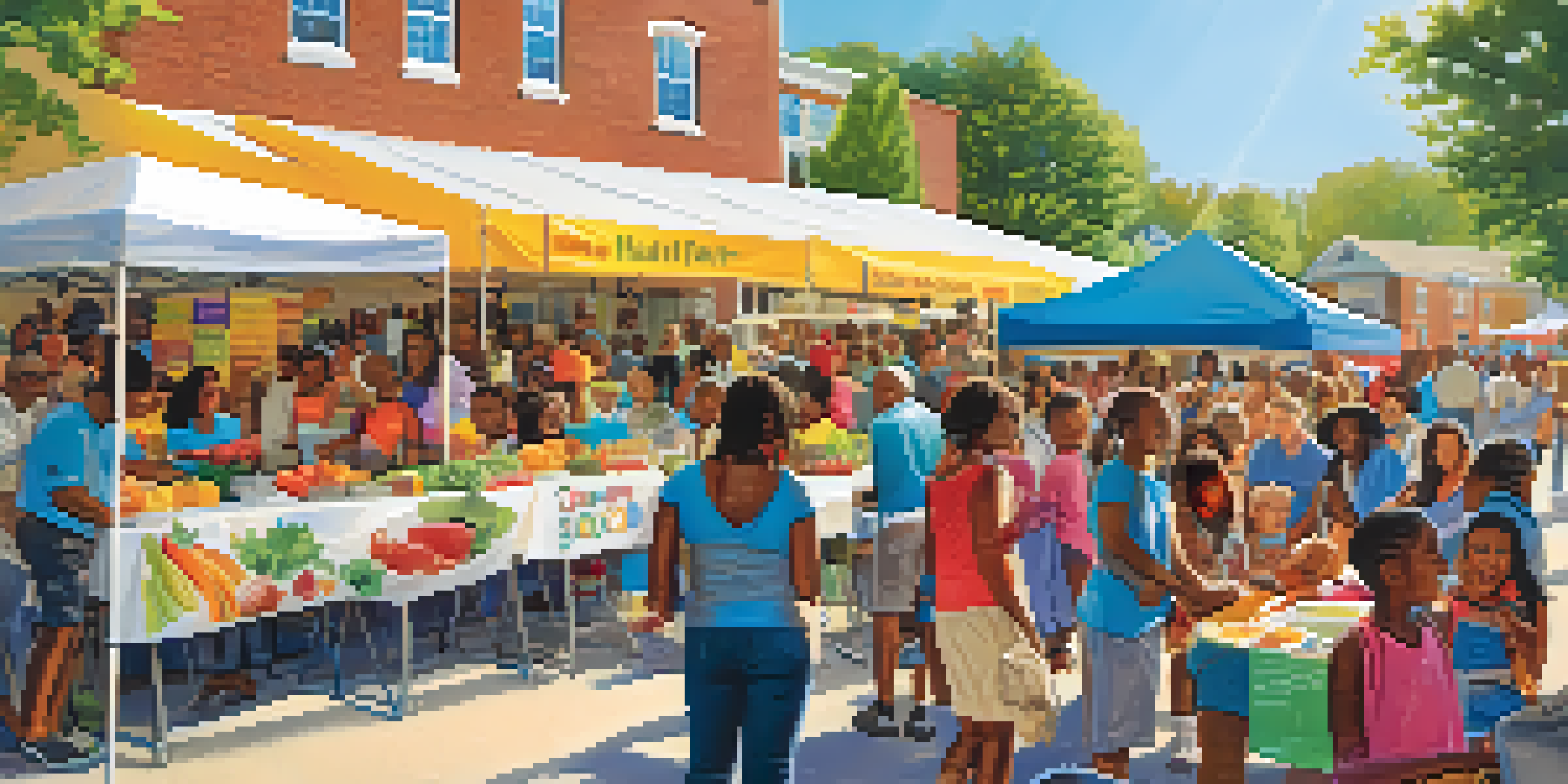 A lively community health fair with diverse individuals interacting around colorful booths, featuring health education materials and fresh produce.