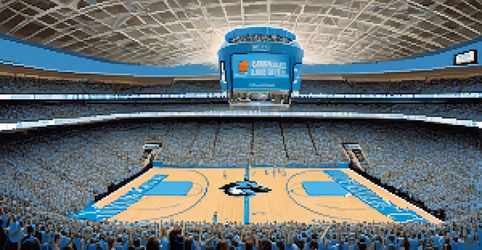 A wide-angle view of a crowded basketball arena filled with fans dressed in Carolina blue, banners hanging from above, and a brightly lit court.