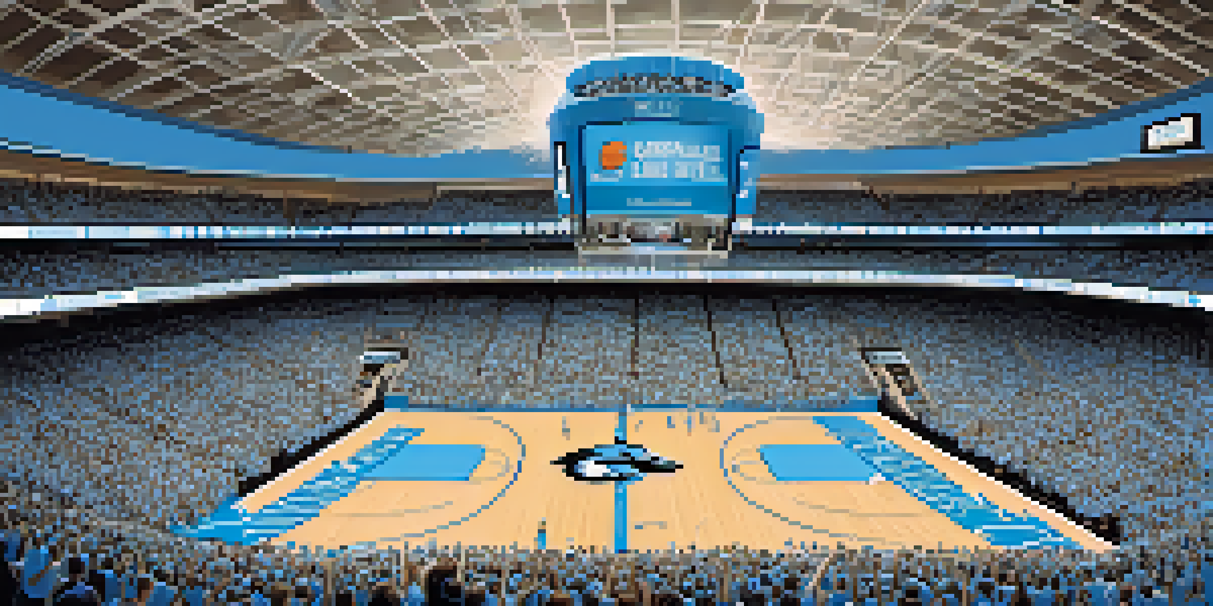 A wide-angle view of a crowded basketball arena filled with fans dressed in Carolina blue, banners hanging from above, and a brightly lit court.