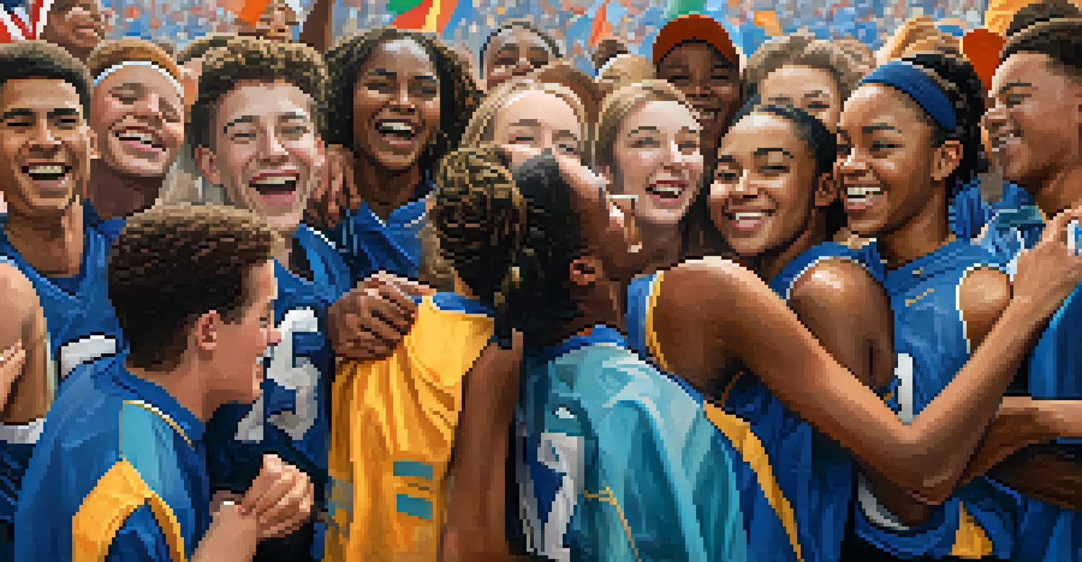 A diverse group of high school athletes celebrating together, wearing team jerseys and smiling, with a cheering crowd in the background.