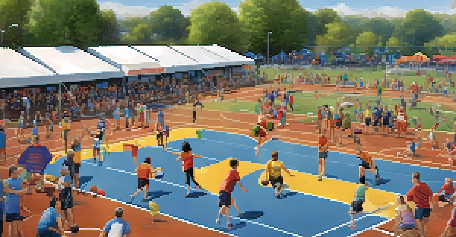 A recreational sports league event with participants playing dodgeball and ultimate frisbee, promoting inclusivity and community.