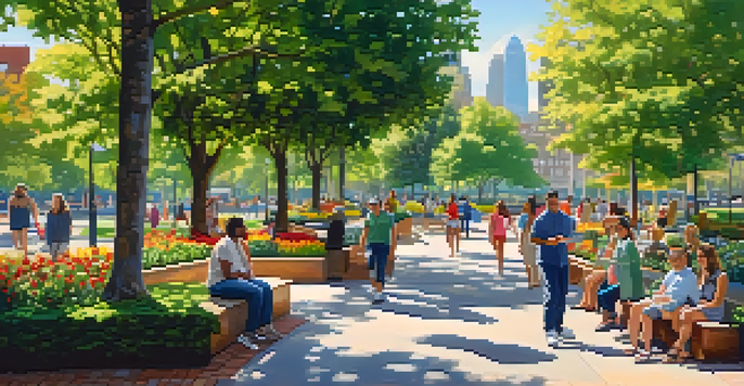 A sunny urban park filled with greenery, colorful flowers, and people relaxing, with city buildings in the background.