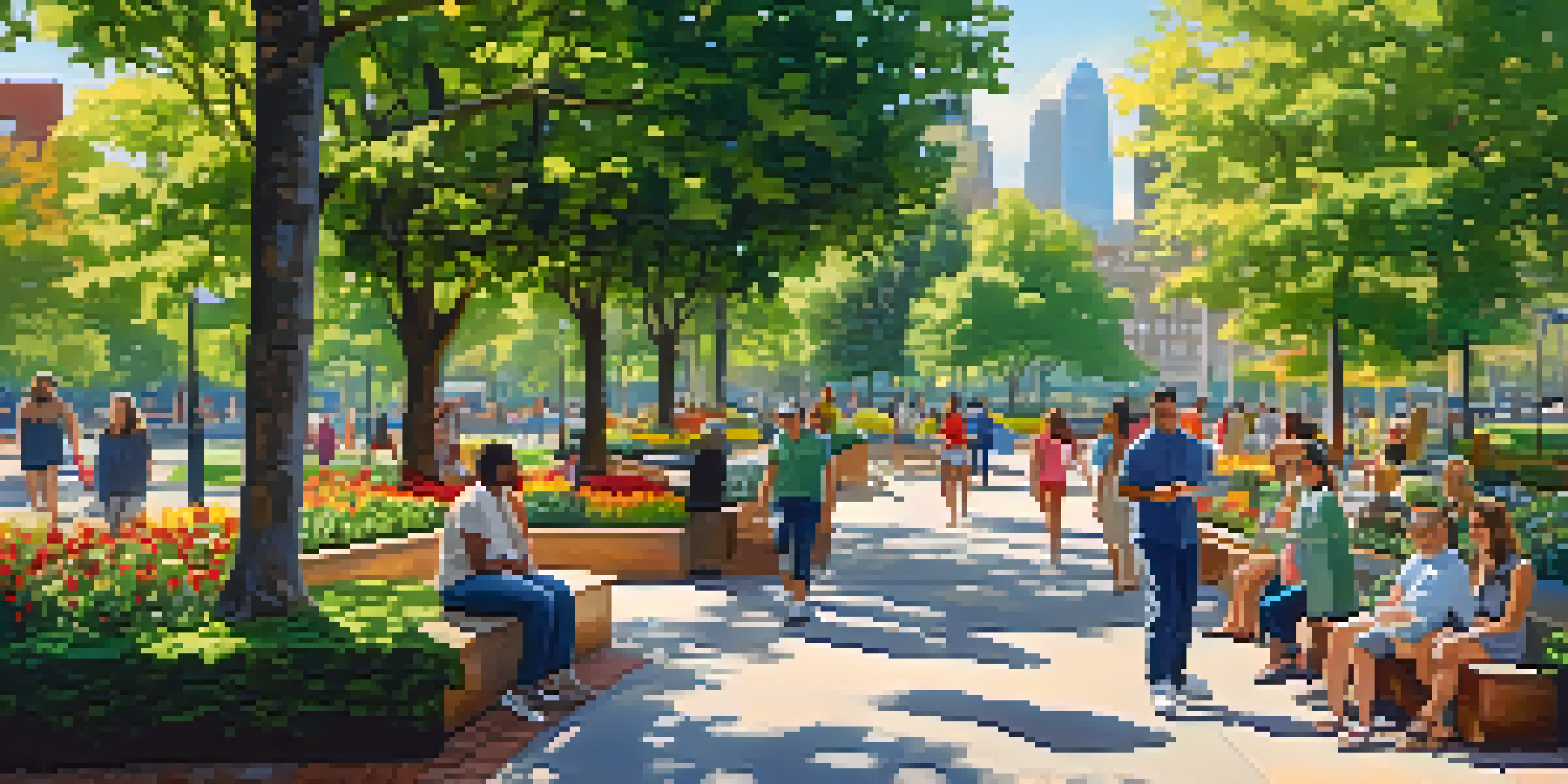 A sunny urban park filled with greenery, colorful flowers, and people relaxing, with city buildings in the background.