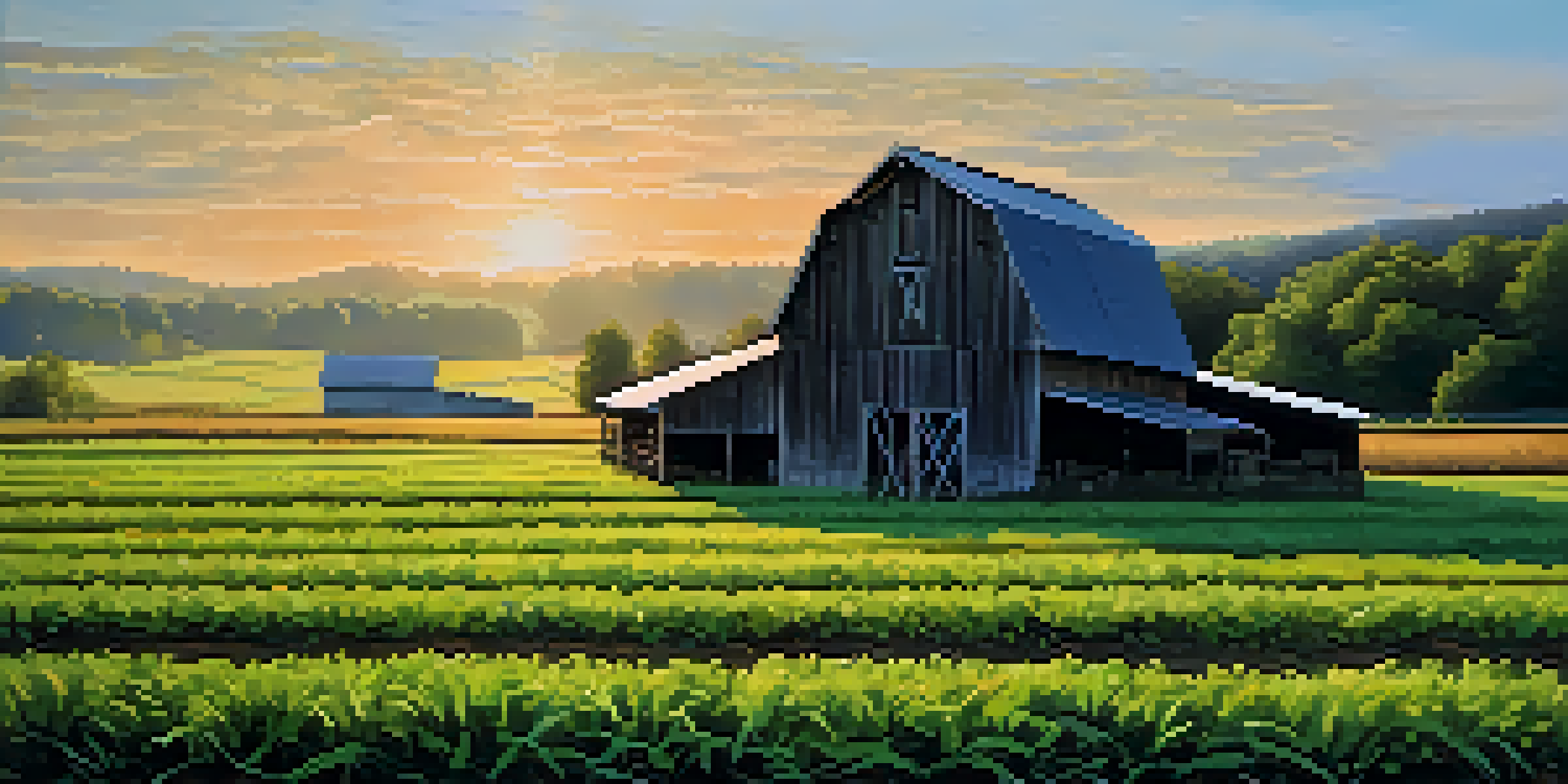 A tranquil North Carolina farm at sunrise with green crops and a rustic barn under a blue sky.
