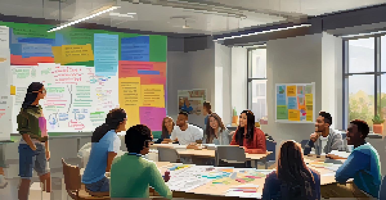 A diverse group of students in a classroom having a collaborative meeting, with club posters and a whiteboard in the background.