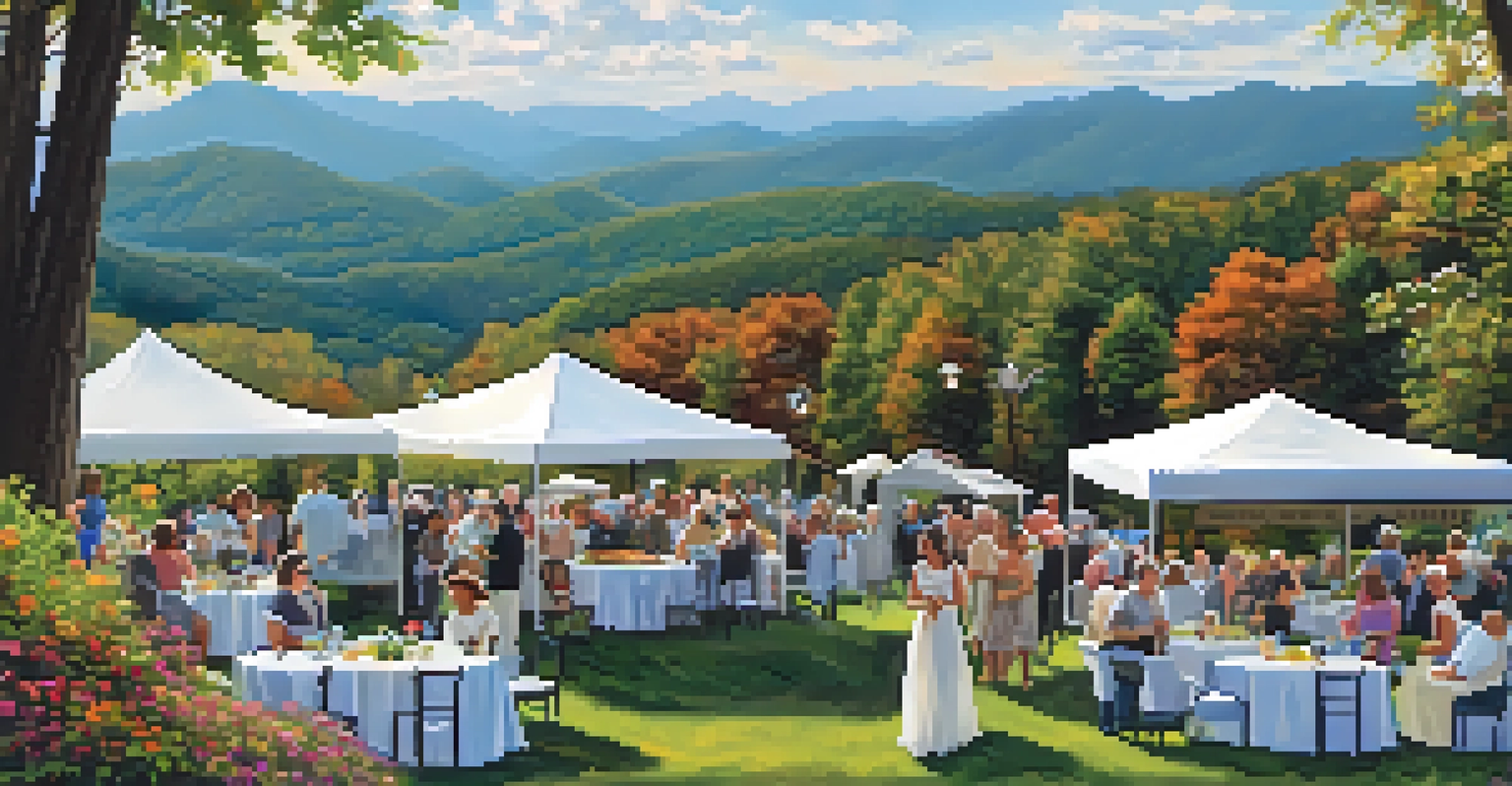 An outdoor dining scene at the Blue Ridge Wine and Food Festival with gourmet food and wine set against a backdrop of mountains.
