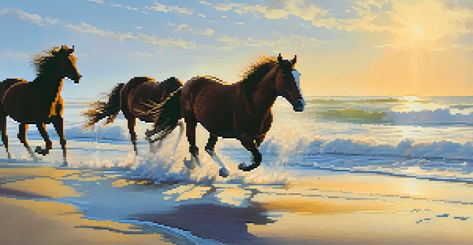 Wild horses roaming on Corolla beach at sunrise, with golden sunlight and crashing waves.