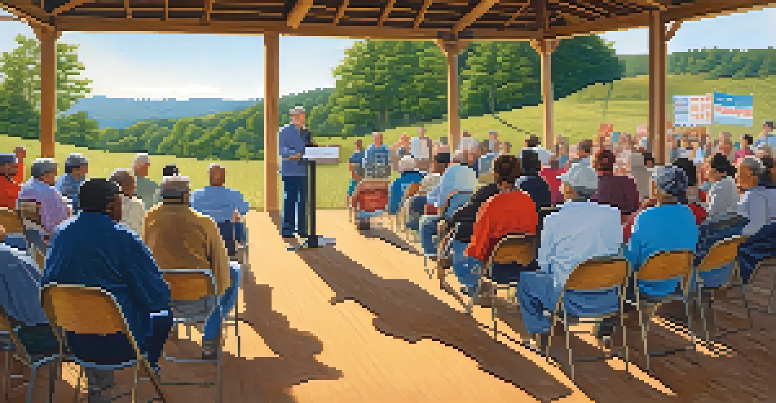 A rural town hall meeting with diverse residents seated and a speaker at a podium, set against rolling hills.