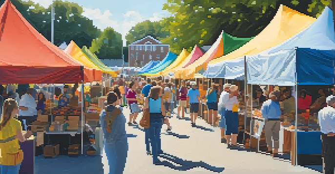 A lively outdoor art festival with colorful tents and people enjoying art and food in Greensboro, North Carolina.