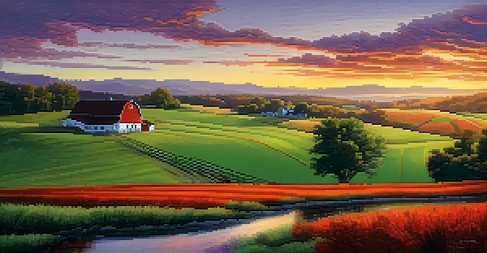 A scenic North Carolina rural landscape at sunset with rolling hills, red barns, and a tranquil lake.