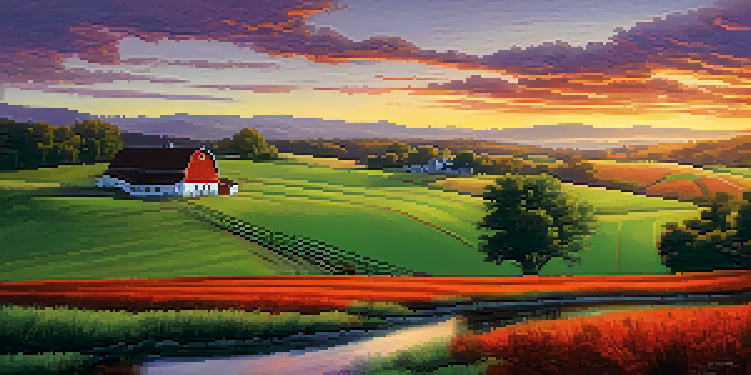 A scenic North Carolina rural landscape at sunset with rolling hills, red barns, and a tranquil lake.