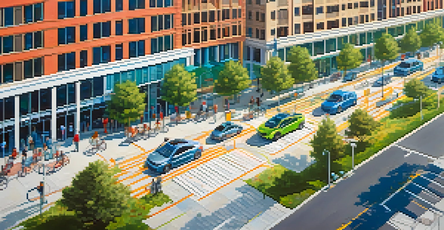 Aerial view of a city with bike lanes, electric vehicle charging stations, and green spaces, showcasing urban activity.