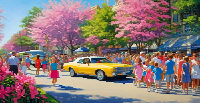 Families celebrating at the North Carolina Azalea Festival with colorful floats and blooming flowers in the background.