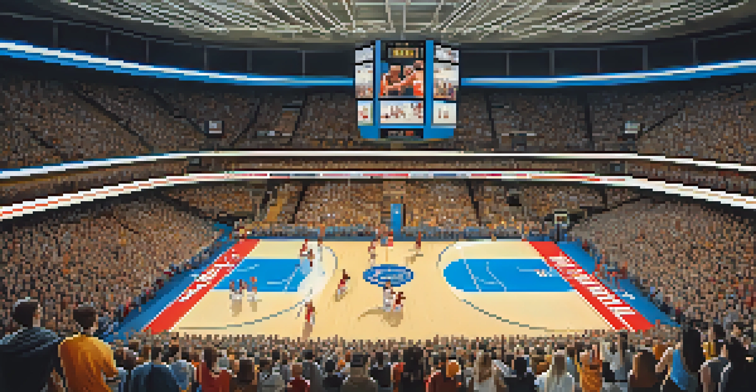 An exciting college basketball game with passionate fans cheering in a packed arena, as players compete on the court.