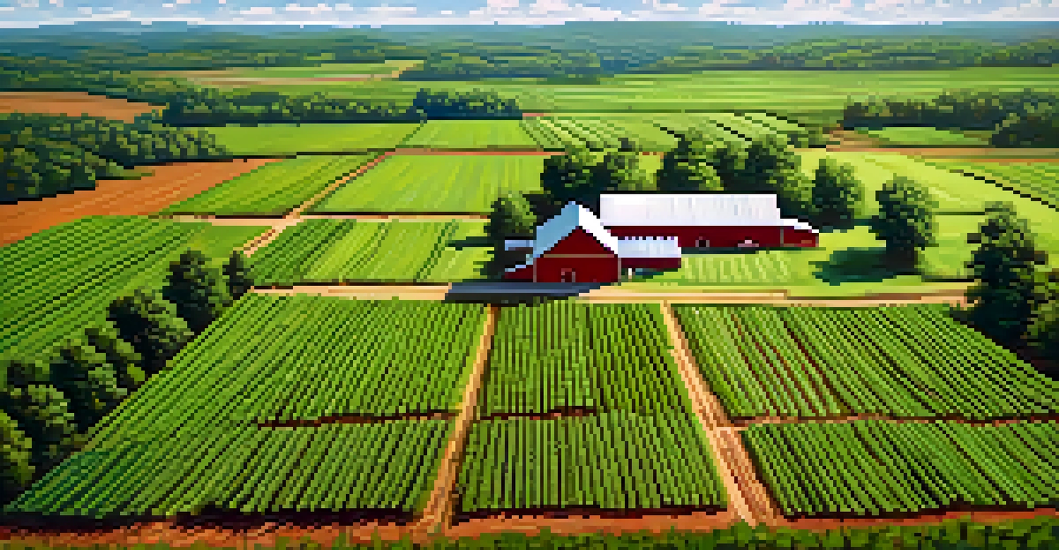 An aerial view of a tobacco farm in North Carolina with organized rows of green tobacco plants and a rustic barn under a blue sky.