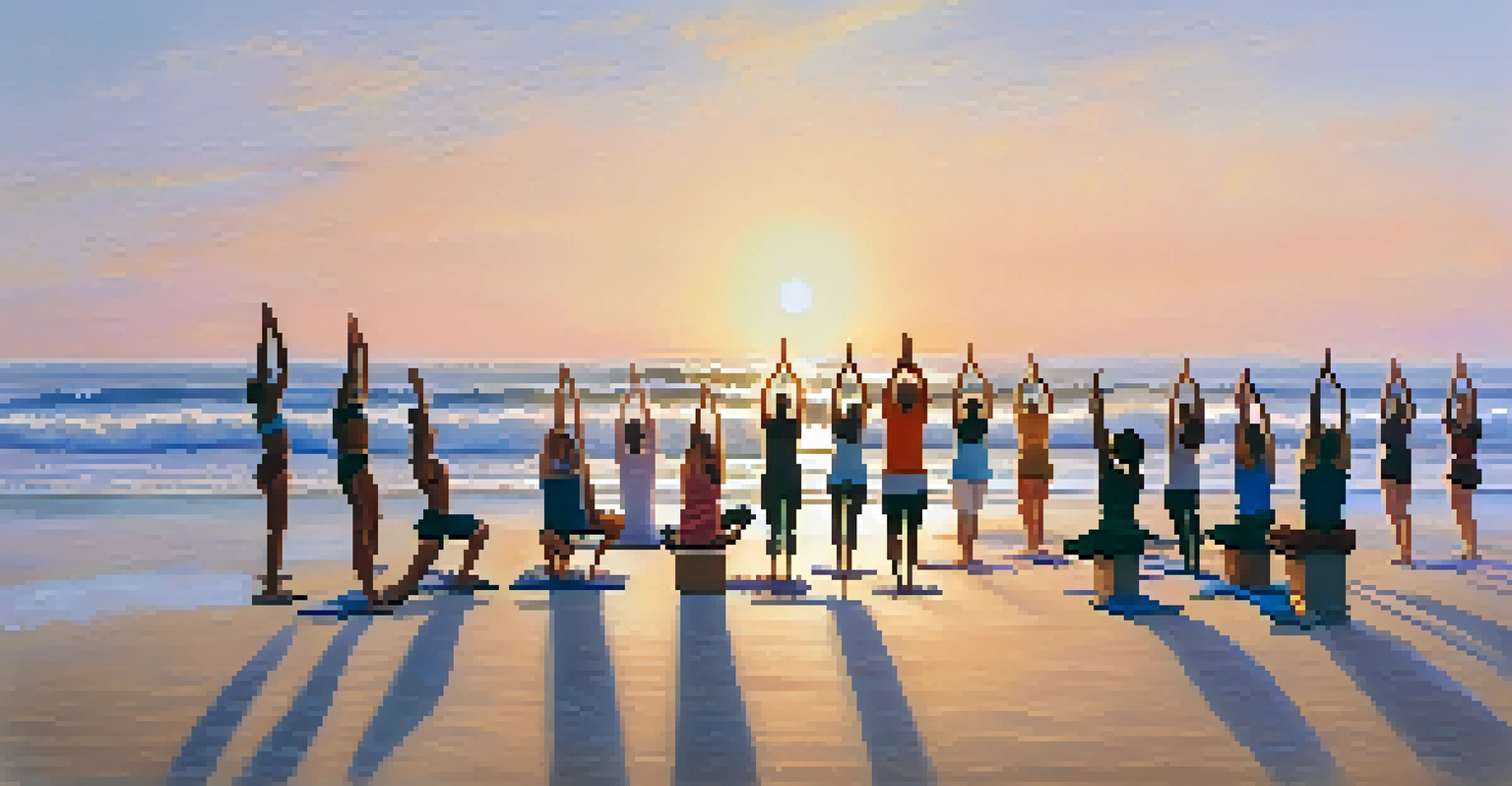 A group of people practicing yoga on the beach at sunrise with ocean waves in the background.