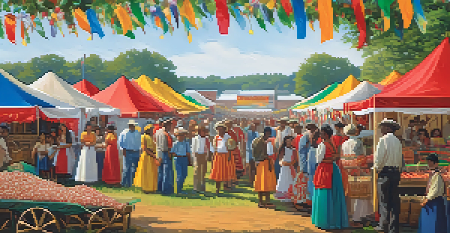 A lively cultural festival in North Carolina celebrating cotton and tobacco farming with colorful tents, crafts, and traditional music.