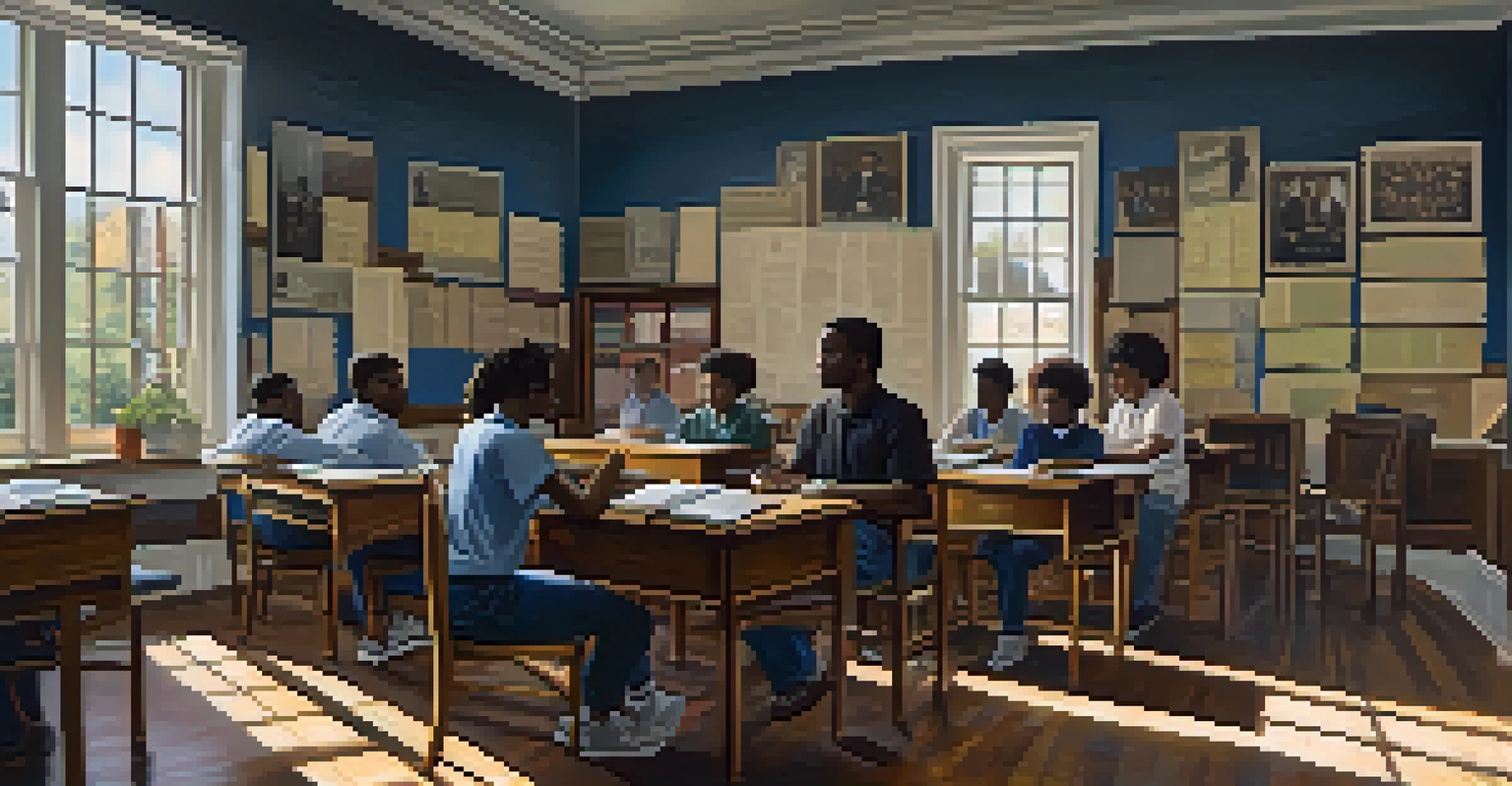 A classroom at a Historically Black College and University with students discussing African American history, surrounded by books and historical images.