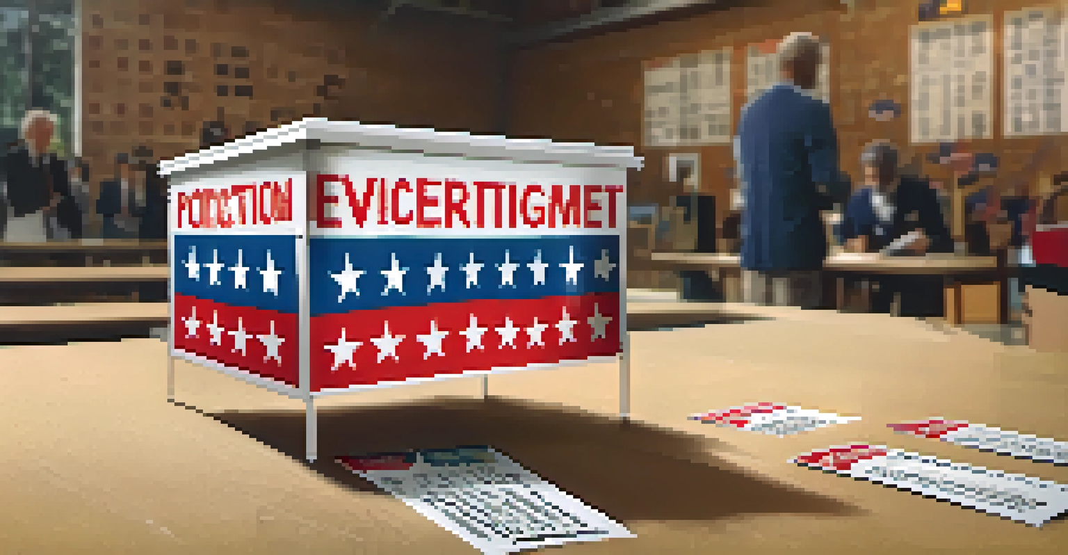 A close-up of a ballot box in a polling station surrounded by voters, with warm lighting emphasizing civic engagement.