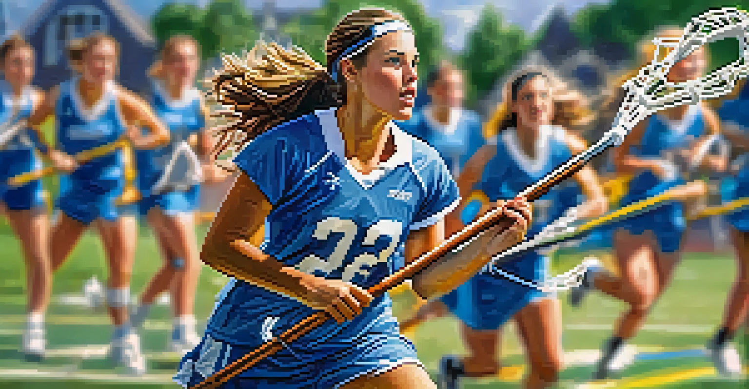 A female college lacrosse player in action on the field, showcasing determination and teamwork with teammates in the background.