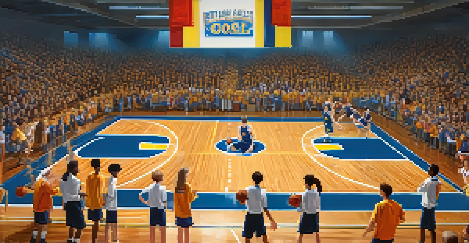 High school basketball players dribbling on a polished court, with an animated audience in the background showcasing school spirit.