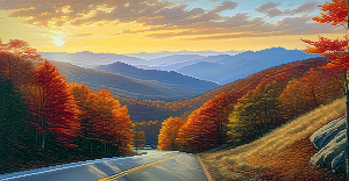 Scenic view of the Blue Ridge Mountains in autumn with colorful trees and a sunset.