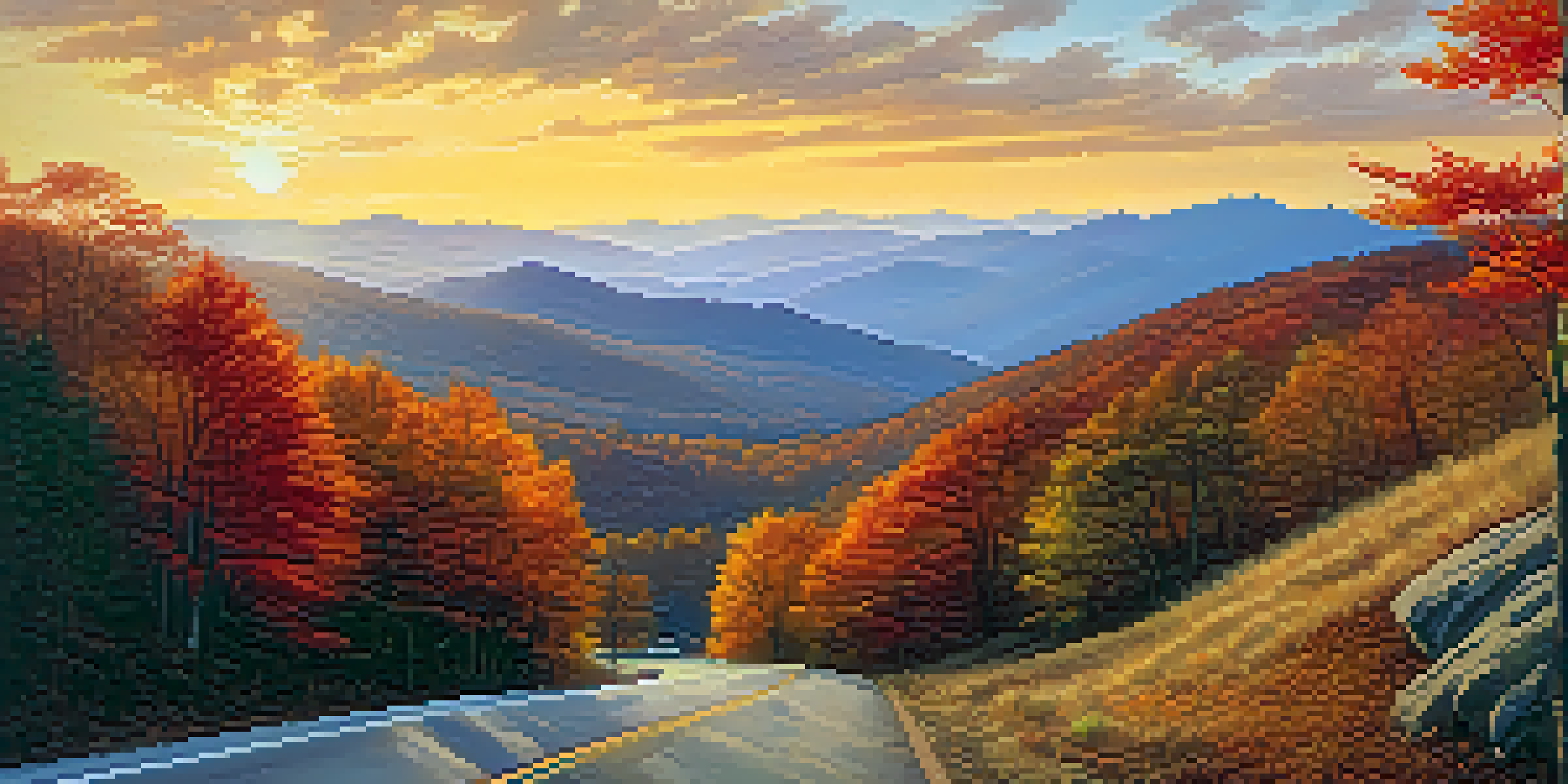 Scenic view of the Blue Ridge Mountains in autumn with colorful trees and a sunset.