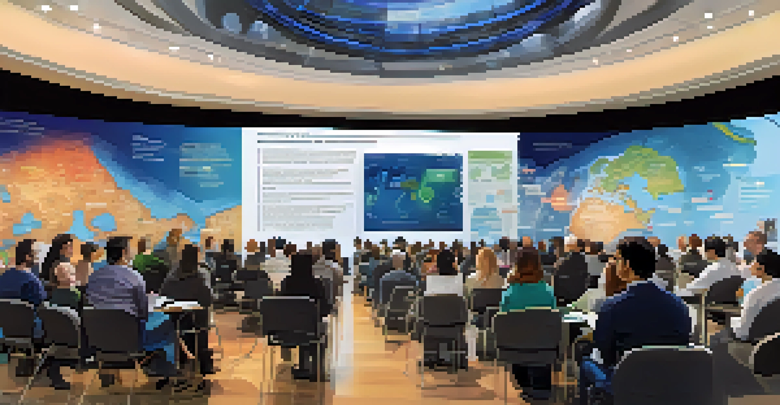 A conference room filled with researchers presenting their work on global projects, with a world map displayed on the screen and an engaged audience.
