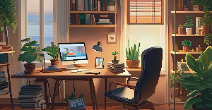 A person in a cozy home office engaged in a telehealth video consultation on a laptop, surrounded by plants and warm lighting.