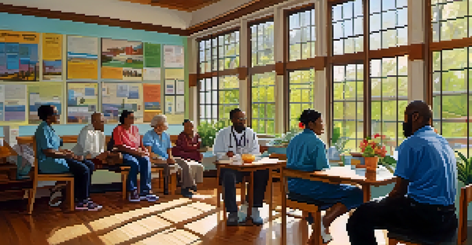 A diverse group of patients and healthcare providers interacting in a bright and welcoming community health center.