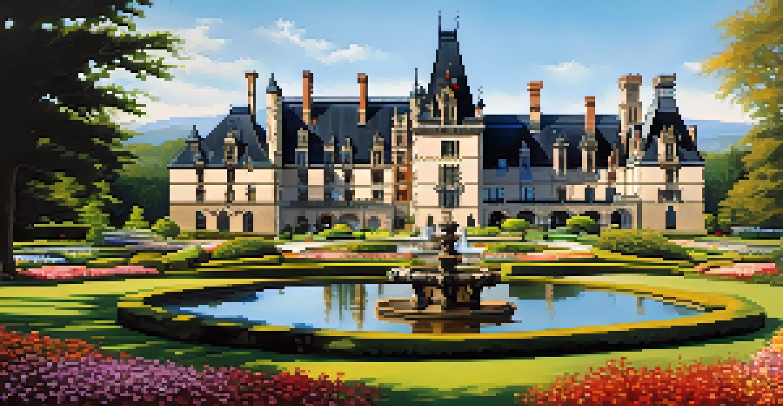 The grand Biltmore Estate with intricate architecture and colorful gardens, under a bright blue sky, with people walking in the gardens.