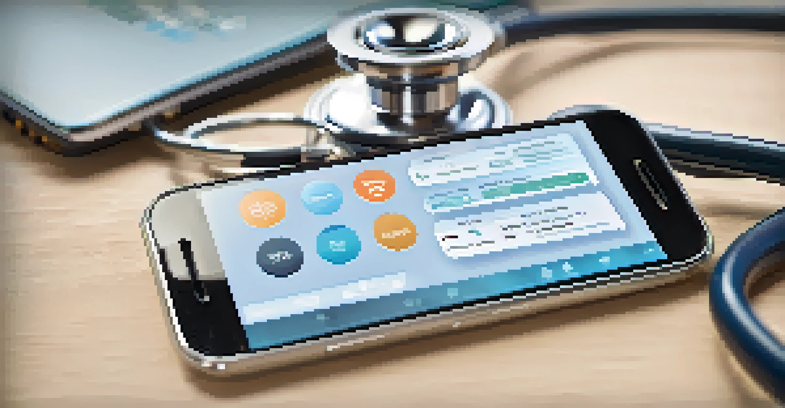 A close-up of a smartphone showing a telehealth app, with a stethoscope beside it in a soft-focus medical environment.